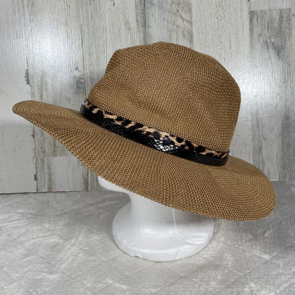Vince Camuto Sun Hat Straw Floppy Hat Tan Black Cheetah Print Band Adjustable - Picture 3 of 6
